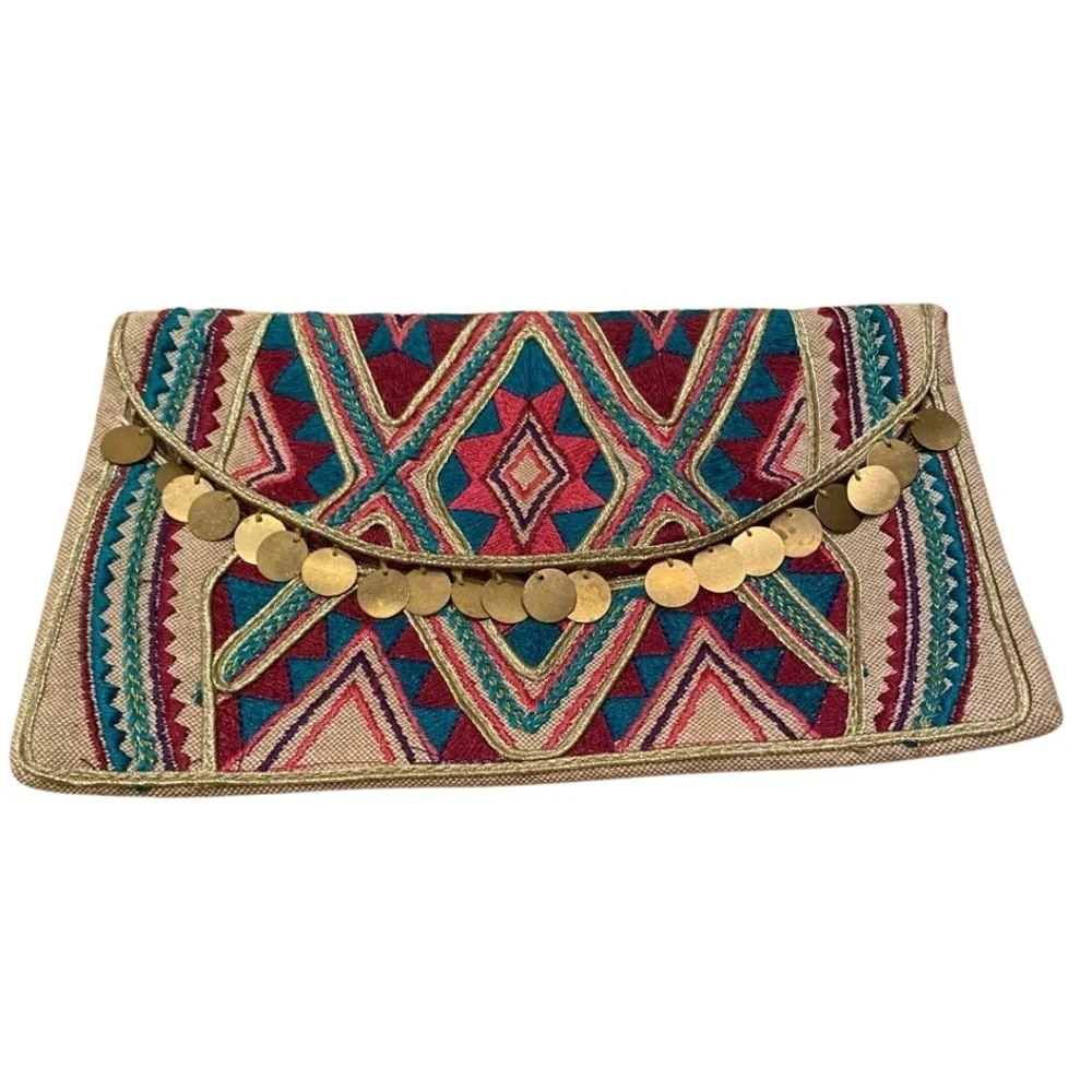 Vintage Embroidered Multicolored Bohemian Clutch Small Purse Bag - Picture 1 of 10